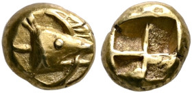 MYSIA. Kyzikos. Circa 600-550 BC. Hemihekte – 1/12 Stater (Electrum, 8 mm, 1.33 g). Head of a tunny fish to right, holding an eel in its mouth. Rev. Q...