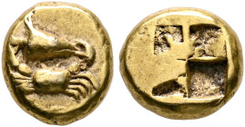 MYSIA. Kyzikos. Circa 550-500 BC. Hekte (Electrum, 11 mm, 2.69 g). Crab, holding head of a tunny right in its claws. Rev. Quadripartite incuse square....