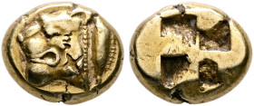 MYSIA. Kyzikos. Circa 550-450 BC. Hekte (Electrum, 11 mm, 2.72 g). Head of a lioness to left; behind, tunny upward. Rev. Quadripartite incuse square. ...