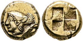 MYSIA. Kyzikos. Circa 550-450 BC. Hekte (Electrum, 10 mm, 2.68 g). Head of Perseus to left, wearing winged helmet; in field to right, tunny diagonally...