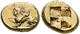 MYSIA. Kyzikos. Circa 550-450 BC. Hekte (Electrum, 12 mm, 2.69 g). Sphinx to left, raising its right forepaw; below, tunny to left. Rev. Quadripartite...