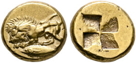 MYSIA. Kyzikos. Circa 550-450 BC. Hekte (Electrum, 11 mm, 2.67 g). Lion at bay crouching left, head slightly facing and seen from above; below, tunny ...