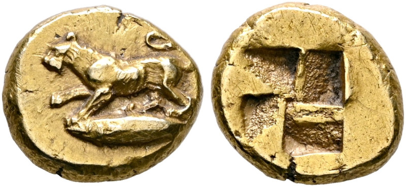 MYSIA. Kyzikos. Circa 550-450 BC. Hekte (Electrum, 12 mm, 2.56 g). Lioness stand...