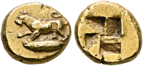 MYSIA. Kyzikos. Circa 550-450 BC. Hekte (Electrum, 12 mm, 2.56 g). Lioness standing left on tunny to left, raising her right forepaw. Rev. Quadriparti...