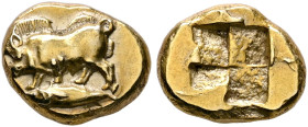 MYSIA. Kyzikos. Circa 550-450 BC. Hekte (Electrum, 12 mm, 2.65 g). Boar standing left on tunny to left. Rev. Quadripartite incuse square. Boston MFA 1...