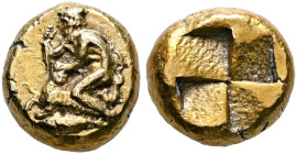 MYSIA. Kyzikos. Circa 450-330 BC. Hekte (Electrum, 11 mm, 2.61 g). Bearded male, nude but for pilos and cloak tied around his neck, kneeling to left o...