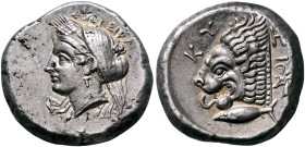 MYSIA. Kyzikos. Circa 390-341/0 BC. Tetradrachm (Silver, 24 mm, 15.22 g, 7 h). ΣΩΤΕΙΡΑ Head of Kore to left, wearing wreath of grain ears, pendant ear...