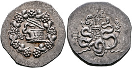 MYSIA. Pergamon. Circa 166-67 BC. Cistophorus (Silver, 27 mm, 12.58 g, 1 h), circa 88-85. Cista mystica from which snake coils; around, ivy wreath wit...