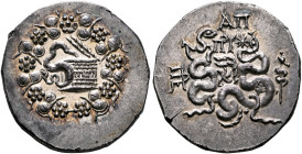 MYSIA. Pergamon. Circa 166-67 BC. Cistophorus (Silver, 27 mm, 12.41 g, 12 h), circa 76. Cista mystica from which snake coils; around, ivy wreath with ...