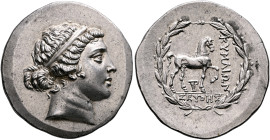 AEOLIS. Kyme. Circa 155-143 BC. Tetradrachm (Silver, 34 mm, 16.71 g, 12 h), Seuthes, magistrate, circa 150-143. Diademed head of the Amazon Kyme to ri...