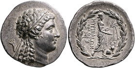AEOLIS. Myrina. Circa 160-143 BC. Tetradrachm (Silver, 32 mm, 16.77 g, 12 h). Laureate head of Apollo to right. Rev. MΥΡINAIΩN Apollo Grynios standing...