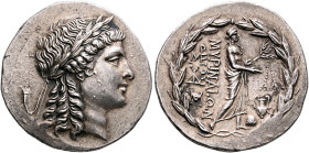 AEOLIS. Myrina. Circa 160-143 BC. Tetradrachm (Silver, 31 mm, 16.68 g, 11 h). Laureate head of Apollo to right. Rev. MΥΡINAIΩN Apollo Grynios standing...