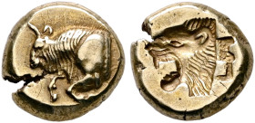 LESBOS. Mytilene. Circa 521-478 BC. Hekte (Electrum, 11 mm, 2.67 g, 6 h). Forepart of a bull to left. Rev. Incuse head of a lion with open jaws to lef...
