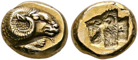 LESBOS. Mytilene. Circa 521-478 BC. Hekte (Electrum, 11 mm, 2.54 g, 6 h). Head of a ram to right; below, rooster standing left, pecking at the ground....