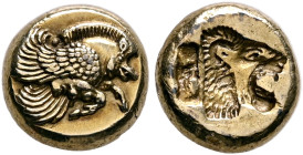 LESBOS. Mytilene. Circa 521-478 BC. Hekte (Electrum, 10 mm, 2.58 g, 10 h). Forepart of a winged boar to right. Rev. Incuse head of a lion with open ja...