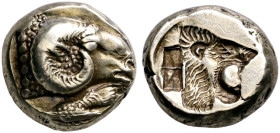 LESBOS. Mytilene. Circa 521-478 BC. Hekte (Electrum, 10 mm, 2.55 g, 3 h). Head of a ram to right; below, rooster standing left, pecking at the ground....
