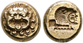 LESBOS. Mytilene. Circa 521-478 BC. Hekte (Electrum, 11 mm, 2.54 g, 7 h). Facing gorgoneion with protruding tongue. Rev. Incuse head of Herakles to ri...
