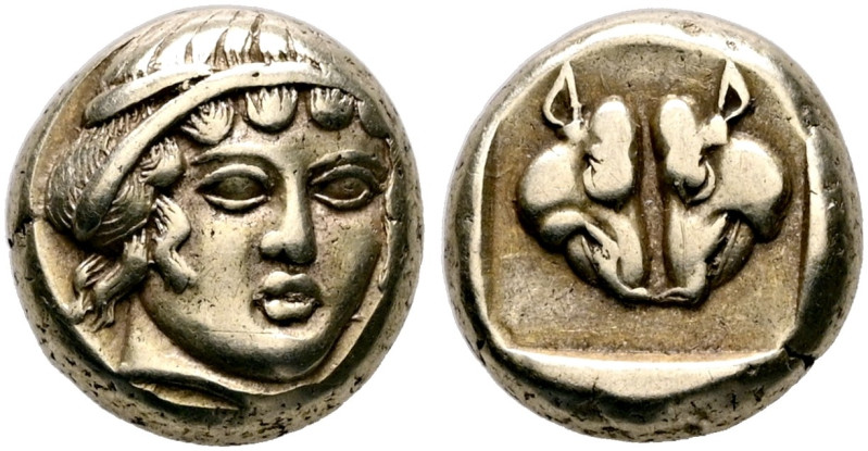 LESBOS. Mytilene. Circa 454-428/7 BC. Hekte (Electrum, 9 mm, 2.54 g, 11 h). Head...