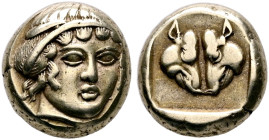 LESBOS. Mytilene. Circa 454-428/7 BC. Hekte (Electrum, 9 mm, 2.54 g, 11 h). Head of a nymph facing slightly to right, wearing taenia. Rev. Confronted ...