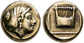 LESBOS. Mytilene. Circa 412-378 BC. Hekte (Electrum, 11 mm, 2.51 g, 12 h). Head of a female to right, her hair bound in sakkos, wearing single pendant...