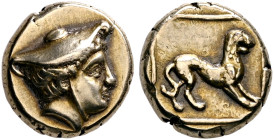 LESBOS. Mytilene. Circa 377-326 BC. Hekte (Electrum, 11 mm, 2.55 g, 6 h). Head of Hermes to right, wearing petasos with chin strap. Rev. Panther at ba...