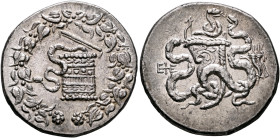 IONIA. Ephesos. Circa 180-67 BC. Cistophorus (Silver, 29 mm, 12.68 g, 1 h), circa 140-137. Cista mystica from which snake coils; around, ivy wreath wi...