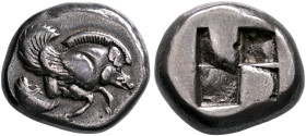 IONIA. Klazomenai. Circa 500-480 BC. Drachm (Silver, 18 mm, 7.10 g). Forepart of a winged boar to right. Rev. Quadripartite incuse square. Asyut 615. ...