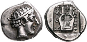 IONIA. Kolophon. Circa 450-410 BC. Drachm (Silver, 17 mm, 5.46 g, 12 h), Persic standard. Head of Apollo to right, wearing taenia. Rev. KOΛO-Φ-ΩNION K...