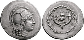 IONIA. Lebedos. Circa 150-143/2 BC. Tetradrachm (Silver, 33 mm, 14.98 g, 12 h), Apollodotos, magistrate. Head of Athena to right, wearing triple-crest...