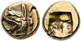 IONIA. Phokaia. Circa 625/0-522 BC. Hekte (Electrum, 11 mm, 2.57 g). Head of a griffin with open beak to left; behind, seal upward. Rev. Incuse square...
