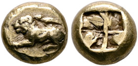 IONIA. Phokaia. Circa 625/0-522 BC. Hekte (Electrum, 10 mm, 2.55 g). Lion recumbent left; above, seal to left. Rev. Quadripartite incuse square. Boden...