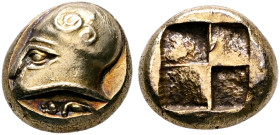 IONIA. Phokaia. Circa 521-478 BC. Hekte (Electrum, 10 mm, 2.61 g). Male head to left, wearing Corinthian helmet decorated with a volute on the bowl; b...
