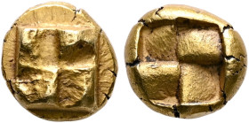 IONIA. Uncertain. Circa 625-600 BC. Hekte (Electrum, 10 mm, 2.45 g), Phokaic standard. Raised clockwise swastika pattern. Rev. Quadripartite incuse sq...