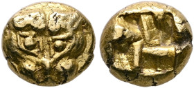 IONIA. Uncertain. Circa 600-550 BC. Hekte (Electrum, 10 mm, 2.78 g). Facing head of a lion (or panther). Rev. Quadripartite incuse square. Linzalone -...
