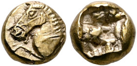 IONIA. Uncertain. Circa 600-550 BC. Hemihekte – 1/12 Stater (Electrum, 8 mm, 1.16 g), Lydo-Milesian standard. Forepart of a bridled horse to left, its...