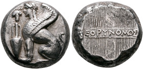 ISLANDS OFF IONIA, Chios. Circa 380-350 BC. Tetradrachm (Silver, 21 mm, 15.18 g, 11 h), Eorynomos, magistrate. Sphinx with curved wings seated to left...