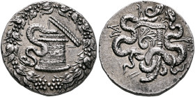 LYDIA. Sardes. Circa 166-67 BC. Cistophorus (Silver, 27 mm, 12.66 g, 12 h), circa 160-150. Cista mystica from which snake coils; around, ivy wreath wi...