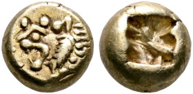KINGS OF LYDIA. Alyattes, circa 620/10-564/53 BC. Hemihekte – 1/12 Stater (Electrum, 7 mm, 1.18 g). Head of roaring lion to left; traces of &#67877;&#...