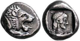 CARIA. Knidos. Circa 465-449 BC. Drachm (Silver, 17 mm, 5.94 g, 9 h). Forepart of a roaring lion to right. Rev. Pearl-diademed head of Aphrodite to ri...