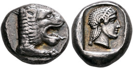 CARIA. Knidos. Circa 449-411 BC. Drachm (Silver, 17 mm, 6.12 g, 8 h). Forepart of a roaring lion to right. Rev. Head of Aphrodite to right, wearing ta...