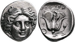 ISLANDS OFF CARIA, Rhodos. Rhodes. Circa 408/7-400 BC. Tetradrachm (Silver, 26 mm, 14.98 g, 12 h). Head of Helios facing slightly to right. Rev. POΔIO...