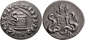 PHRYGIA. Apameia. Circa 166-133 BC. Cistophorus (Silver, 28 mm, 12.38 g, 1 h), circa 150-140. Cista mystica from which snake coils; all within wreath ...