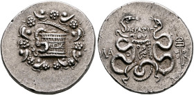 PHRYGIA. Laodikeia. Circa 133/88-67 BC. Cistophorus (Silver, 26 mm, 12.82 g, 12 h), Kratippos, magistrate, circa 100-80. Cista mystica from which snak...