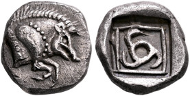 DYNASTS OF LYCIA. Uncertain dynast, circa 520-470/60 BC. 1/3 Stater (Silver, 14 mm, 2.88 g). Forepart of a boar right. Rev. Triskeles within linear sq...