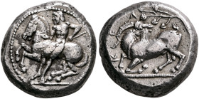 CILICIA. Kelenderis. Circa 430-420 BC. Stater (Silver, 20 mm, 10.83 g, 2 h). Youthful nude rider seated sideways on horse prancing to left, holding wh...