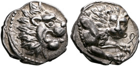 CYPRUS. Amathos. Rhoikos, circa 350 BC. Tetrobol or Third Stater (Silver, 14 mm, 2.19 g, 12 h). Head of a roaring lion to right. Rev. Forepart of a li...