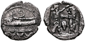 SAMARIA. 'Middle Levantine' Series. Circa 375-333 BC. Obol (Silver, 10 mm, 0.60 g, 12 h), imitating Sidon. Phoenician galley to left; &#67841; ('b' in...