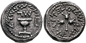 JUDAEA, First Jewish War. 66-70 CE. Half Shekel (Silver, 18 mm, 6.26 g, 6 h), Jerusalem, Year 3 = 68/9. 'Half Shekel, Year 3' (in Paleo-Hebrew) Omer c...