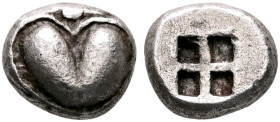 KYRENAICA. Kyrene. Circa 500-480 BC. Obol (Silver, 6 mm, 0.75 g), Attic standard. Silphion fruit; above and below, pellet. Rev. Quadripartite incuse s...