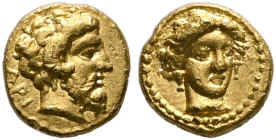 KYRENAICA. Kyrene. Circa 331-322 BC. 1/10 Stater (Gold, 7 mm, 0.85 g, 2 h), Aristagoras, magistrate. API Bearded head of Zeus-Ammon to right, with ram...
